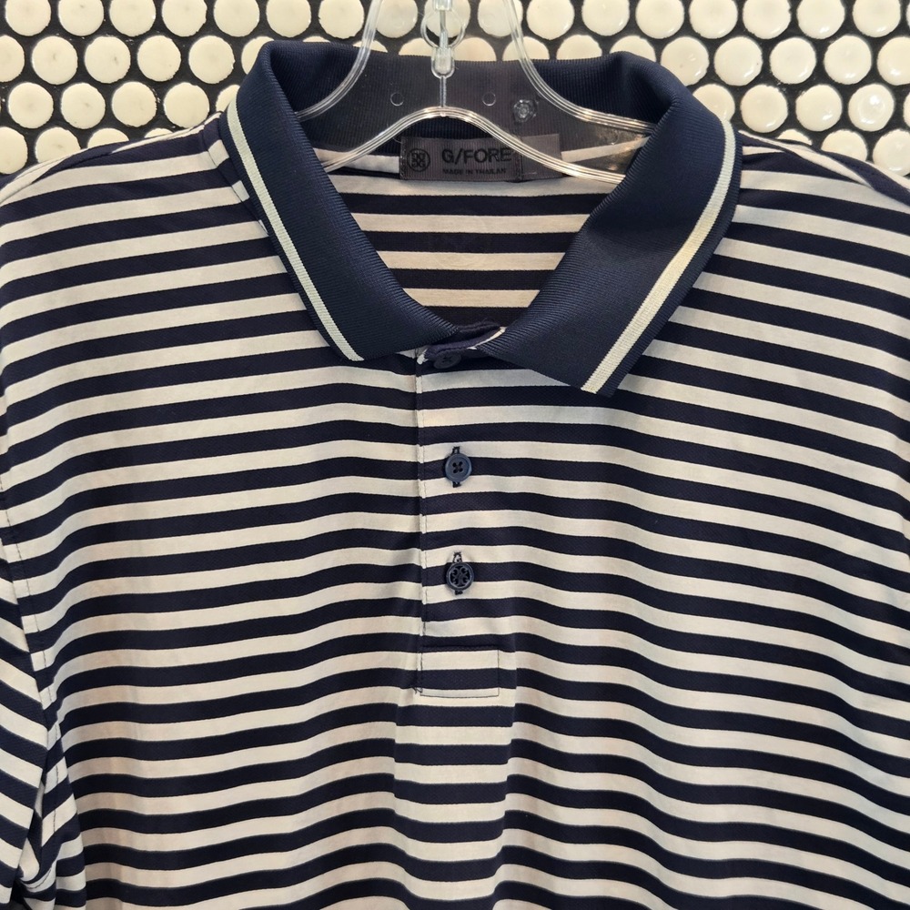 G/FORE Golf Polo Shirt Mens‎ Large Navy White Striped Performance Lightweight